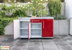 Cuisine Extérieure Avec évier, Réfrigérateur, Plaque à Induction – MO 150 S -Promos Grillet Jardin Boutique cuisine exterieure rouge ouverte 2 portes