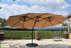 Parasol Déporté 3 Têtes 4,6 M En Aluminium Et Toile Taupe - Deporwide -Promos Grillet Jardin Boutique parasol deporte aluminium grande toile taupe 460cm 2 1