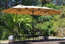 Parasol Rectangulaire 3 Têtes 4,6 M En Aluminium Et Toile Taupe - Wide -Promos Grillet Jardin Boutique parasol droit 3 tetes aluminium toile polyester taupe 465cm 5
