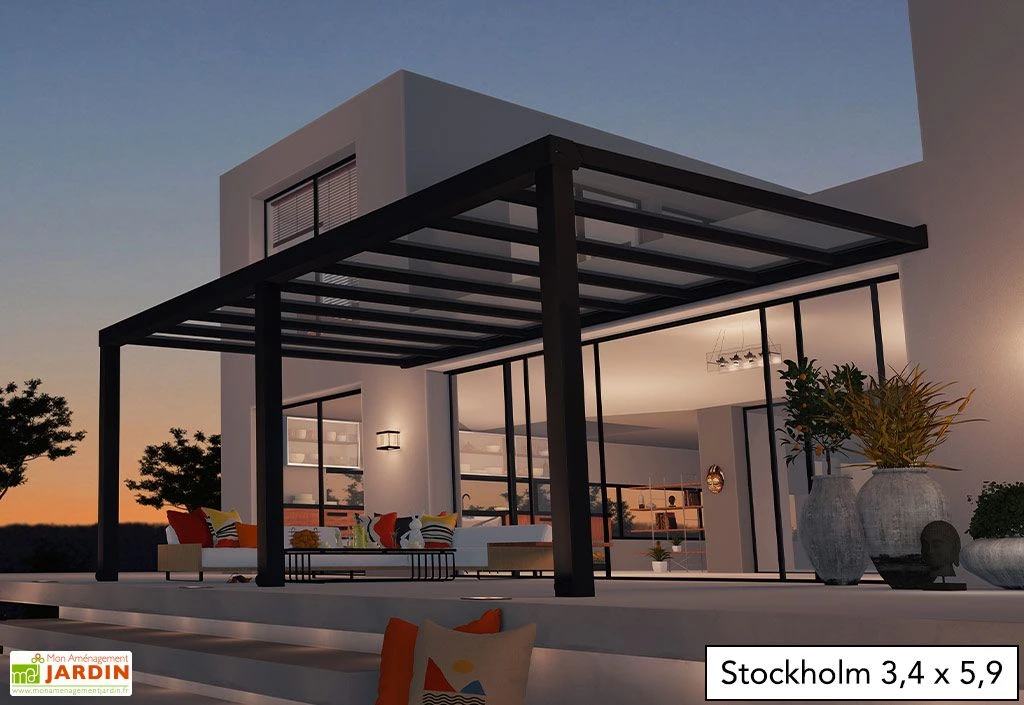 Pergola Adossée Aluminium Gris Et Polycarbonate - Stockholm 3,4 M + Stores 2 Pergola Adossée Aluminium Gris Et Polycarbonate - Stockholm 3,4 M + Stores – Image 2