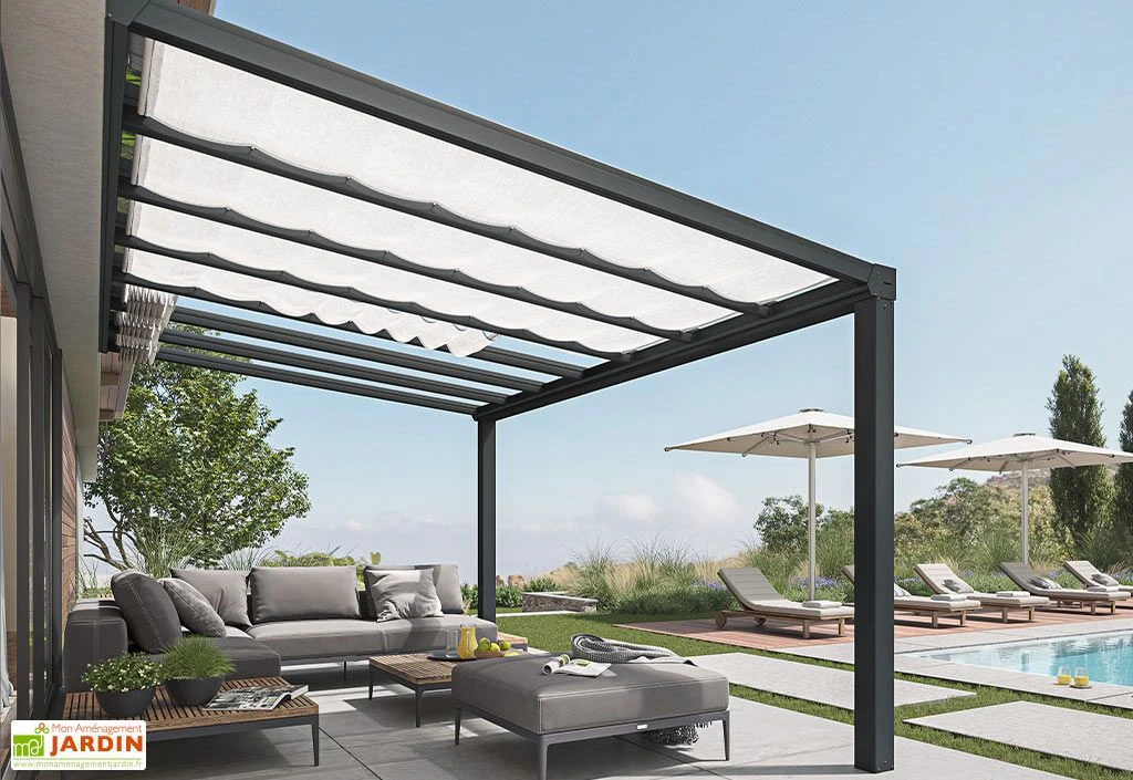 Pergola Adossée Aluminium Gris Et Polycarbonate - Stockholm 3,4 M + Stores 1 Pergola Adossée Aluminium Gris Et Polycarbonate - Stockholm 3,4 M + Stores