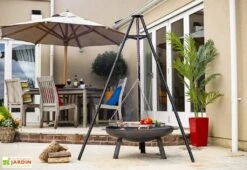 Trépied Pour Braséro Avec Grille De Cuisson Chromée : 65 X 172 Cm -Promos Grillet Jardin Boutique trepied brasero grille cuisson 65cm chrome 172cm