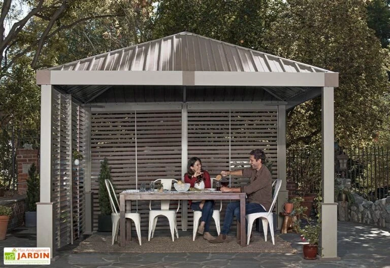 Promos Grillet Jardin Boutique -Promos Grillet Jardin Boutique pavillon jardin aluminium gris parois lames orientables sojag nanda 768x529 1